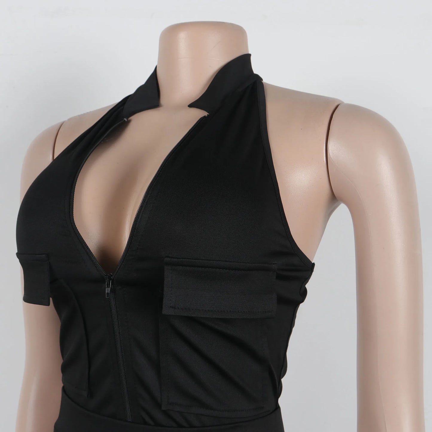 Solid Halter Neck Backless Sleeveless Zip Up Jumpsuit for Women