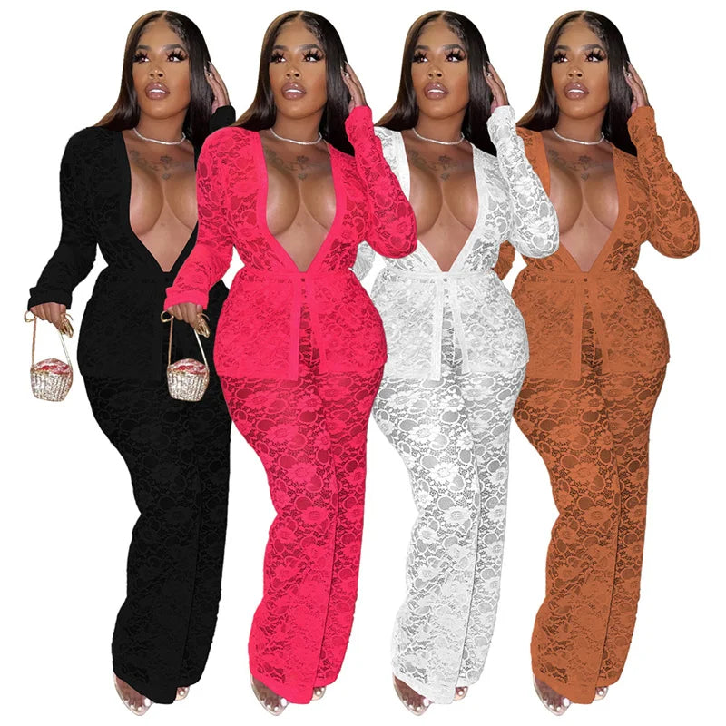 Sexy Lace Sheer Open Stitch Two Piece Set for Women
