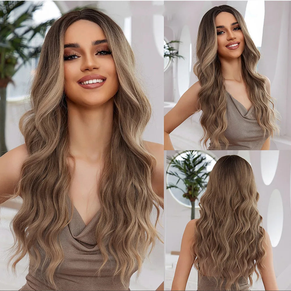 Heat Resistant Dark Brown Blonde Highlight Wig for Women