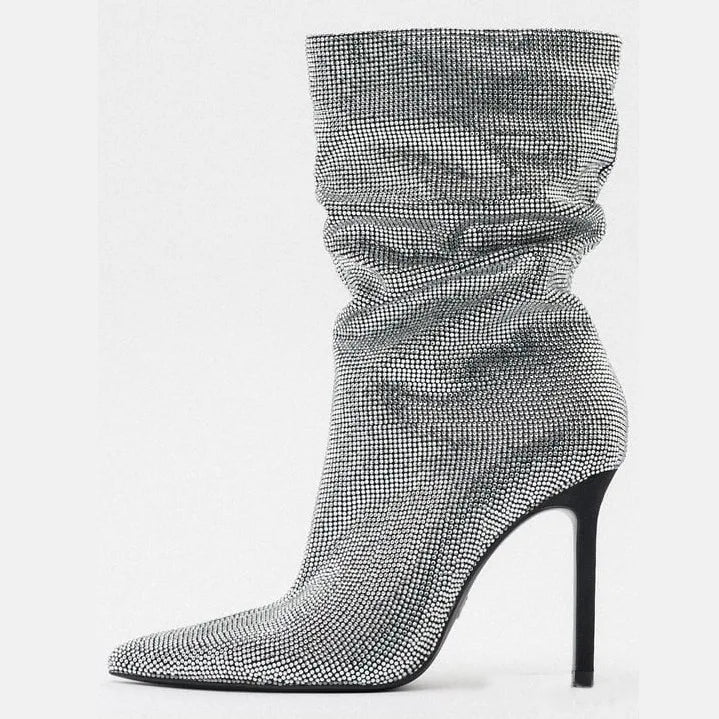 Rhinestone Embellished Pointed Toe Stiletto Boots For Women