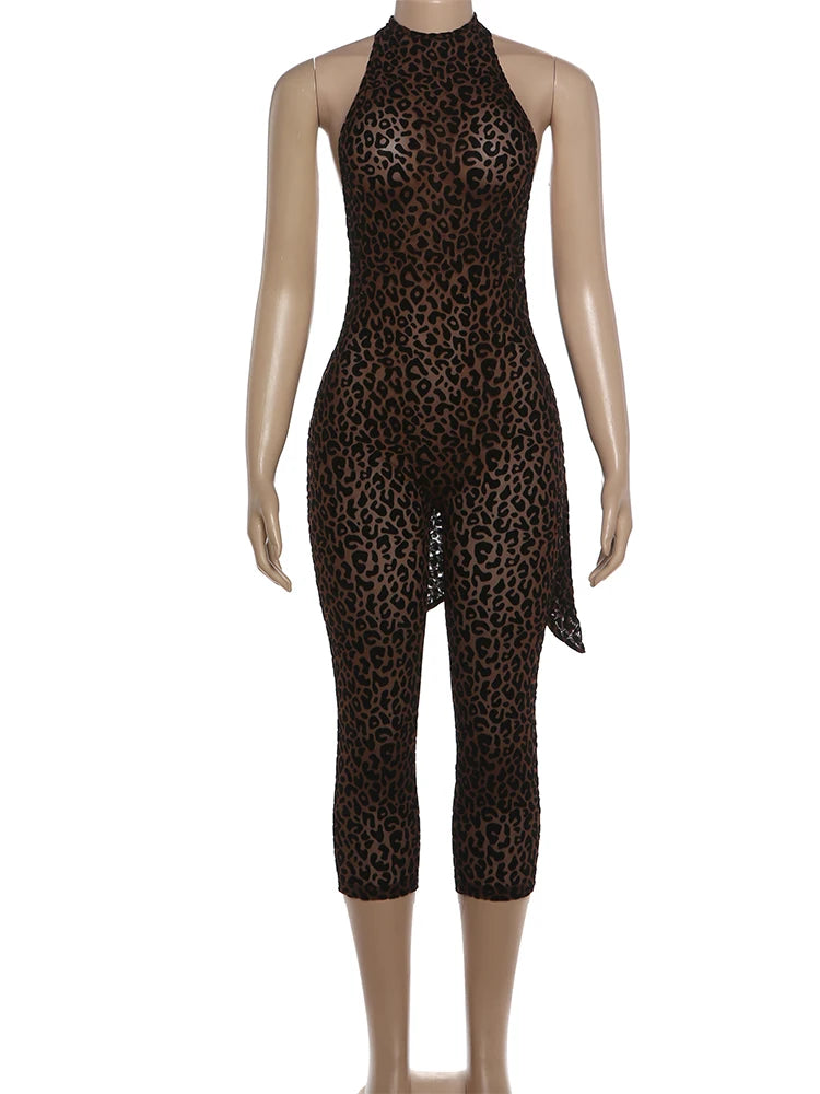 Leopard Print Backless Sleeveless Halter Romper for Women
