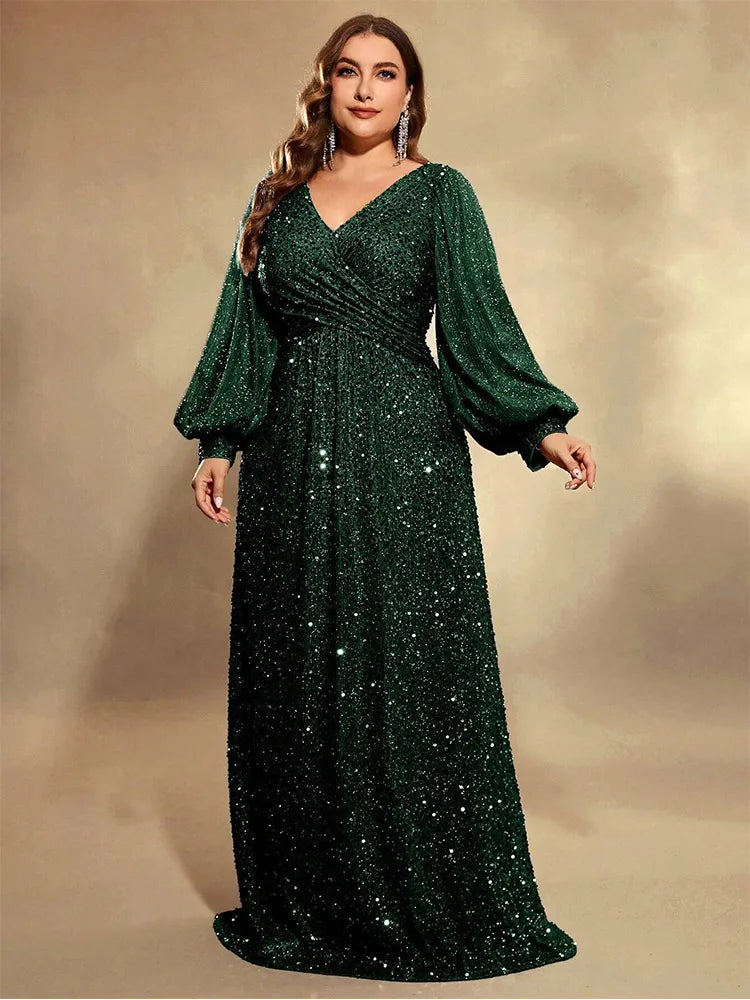 Plus Size V Neck Sequin Evening Dress