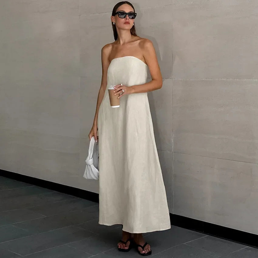 Solid Color Strapless Sleeveless Pocket Dress for Women