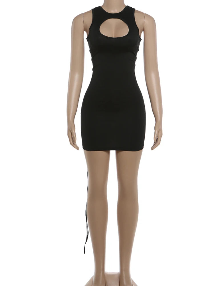 Sexy O-Neck Hollow Out Mini Dress with Metal Ring Cross Detailing for Women