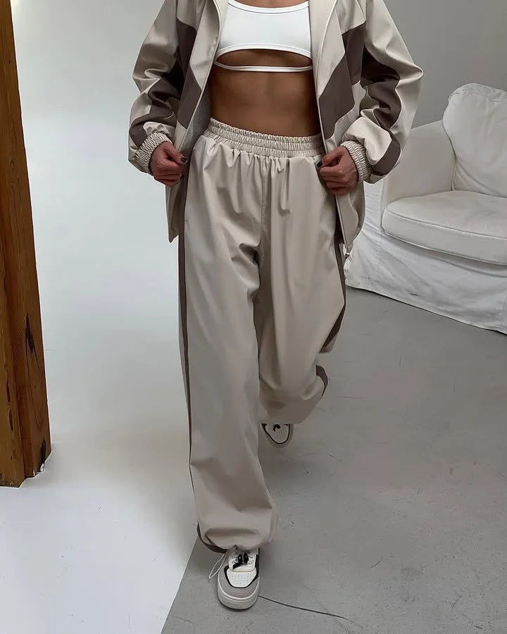 Casual Contrast Color Zipper Tracksuit Set for Women