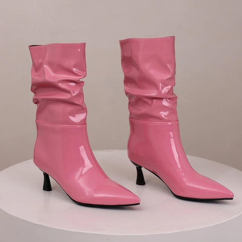Patent Leather Pointed Toe Mid Calf Slouch Boots for Women