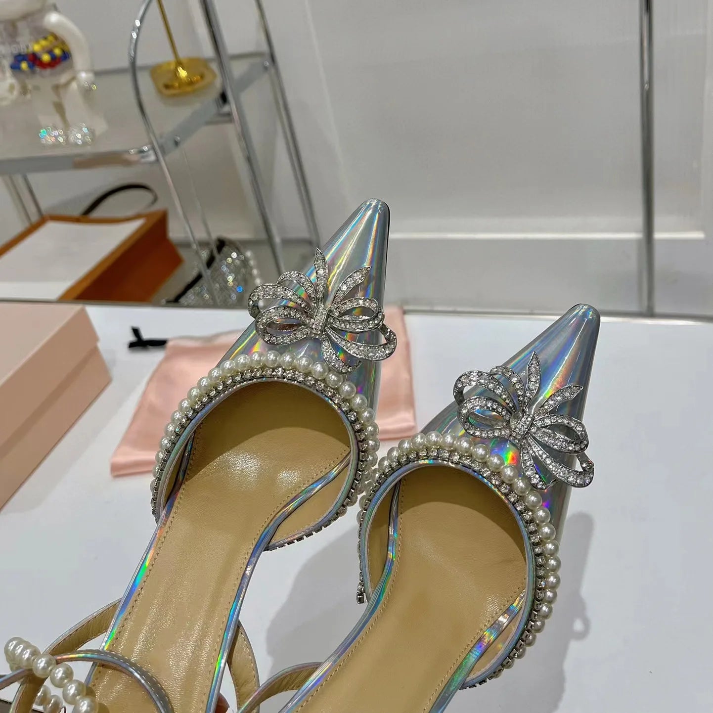 Candy Color Crystal Bow Pearls Buckle Sandals Design Women Rhinestones Bow Pointed Toe Pearls Buckle Slingback 8Cm Heel Sandals