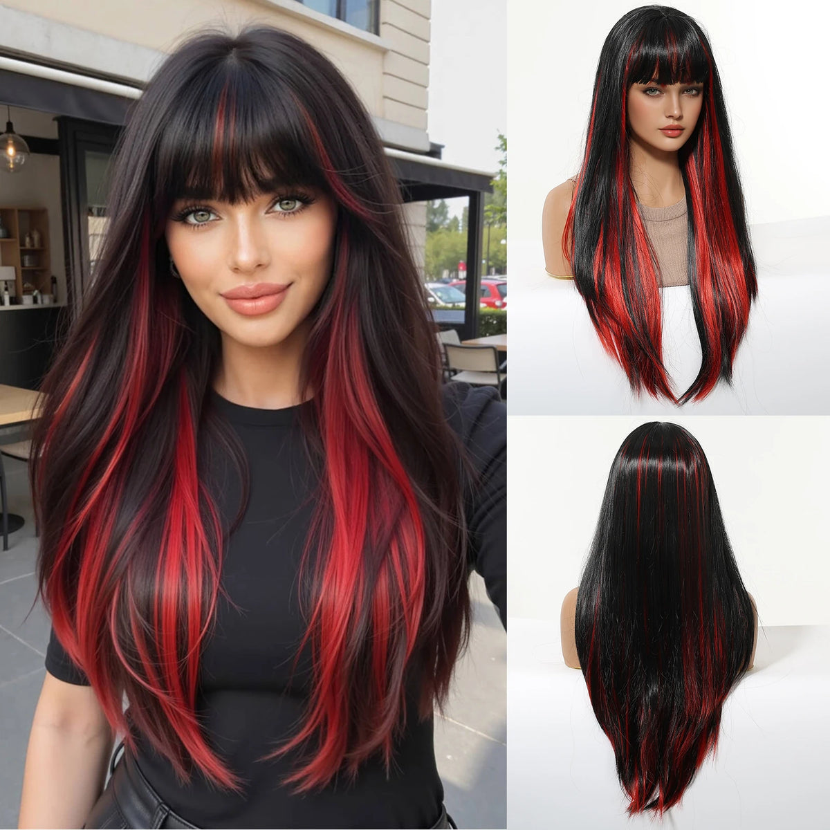 Long Straight Synthetic Wig With Bangs and Red Highlights for Women