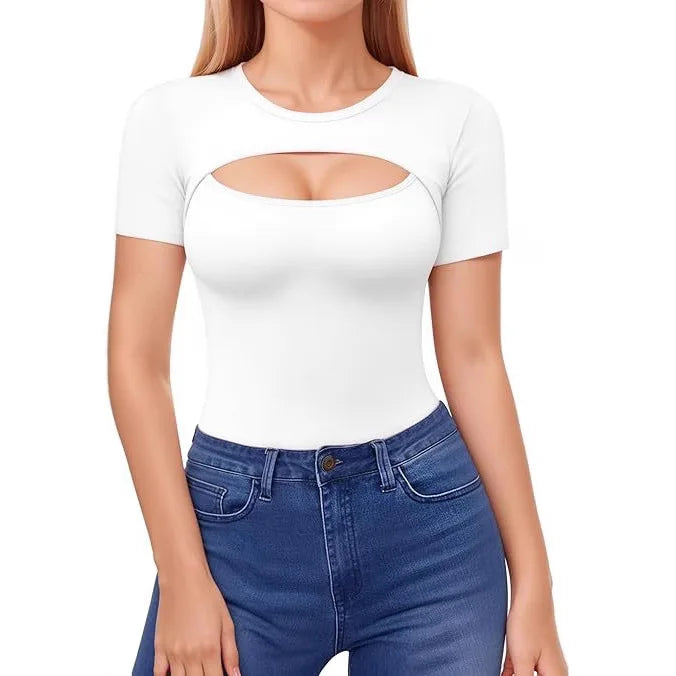 Seductive Tops Intricate Hollow Lacework T-Shirt Figure Hugging RoundNeck Blouse Classic Comfortable SolidColor Shirt