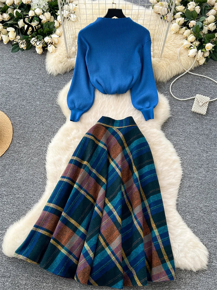 Plaid Knitted Sweater and Long Skirt Two Piece Set for Women