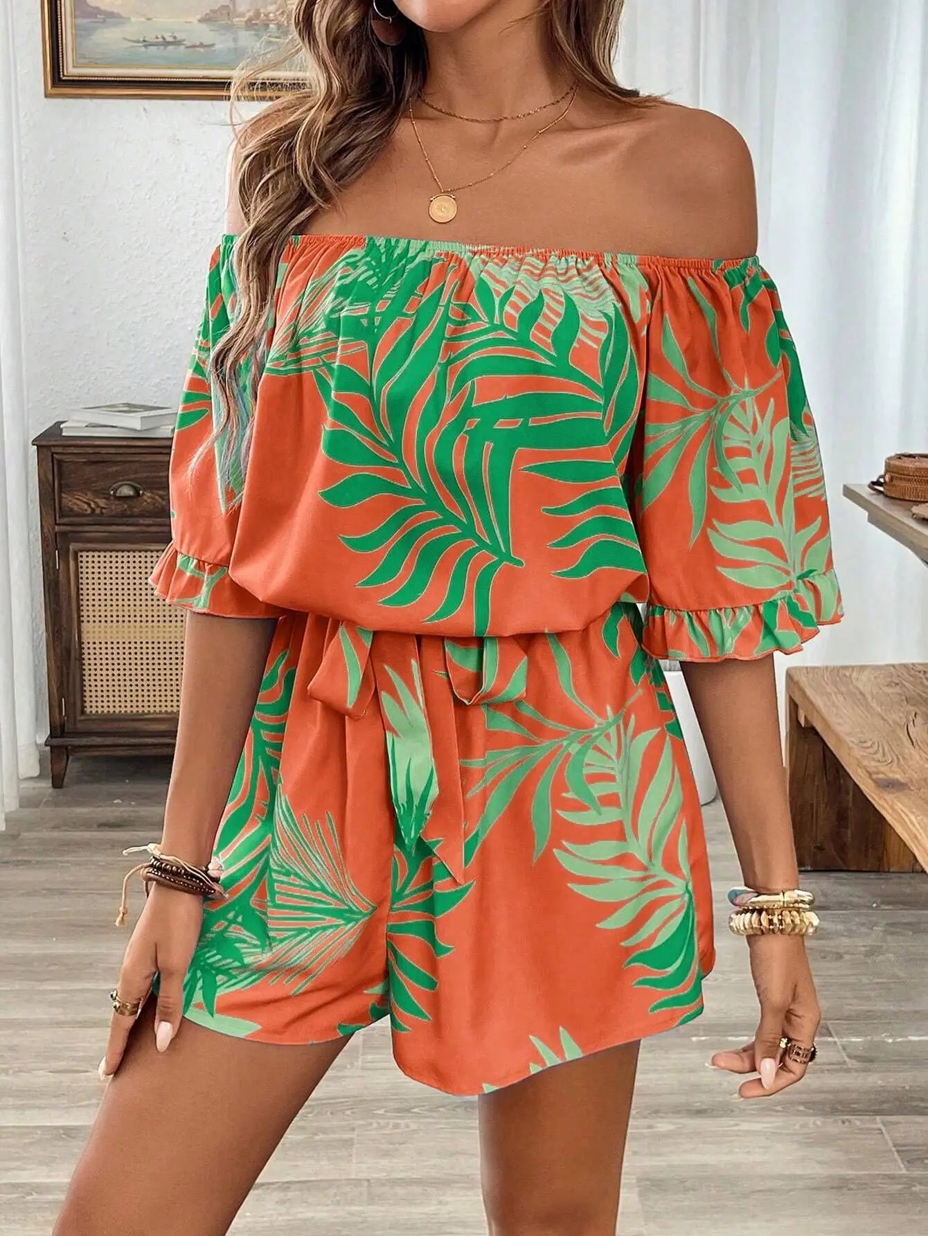 One-Shoulder Printed Short-Sleeve Lace-Up Waist Jumpsuit for Women