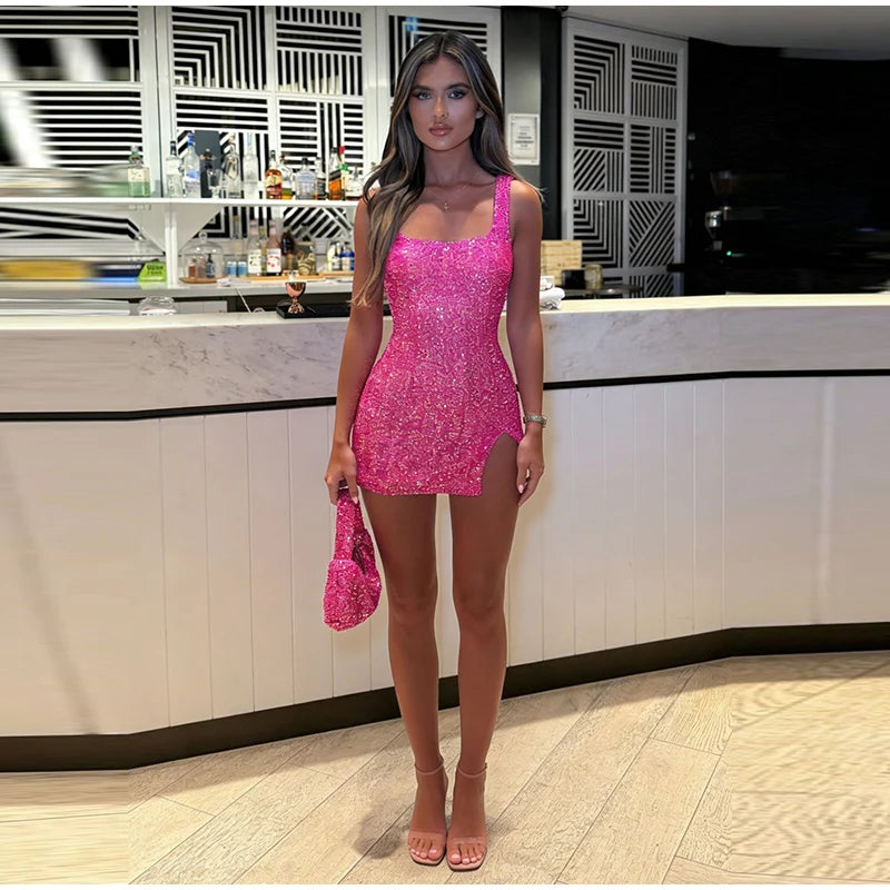 Sleeveless Sequin Mini Dress with High Slit for Women
