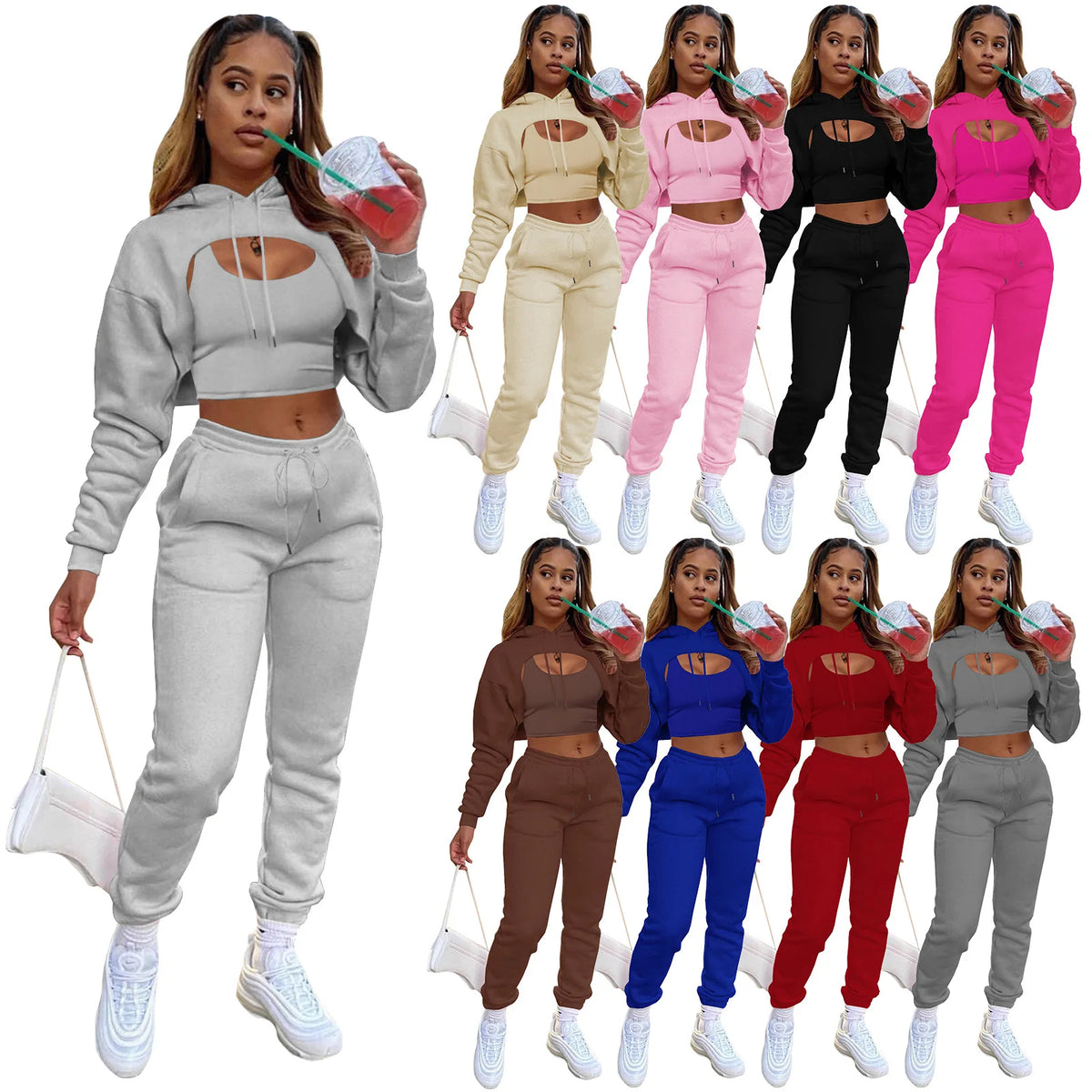Three-Piece Hooded Sporty Matching Tracksuit Set for Women