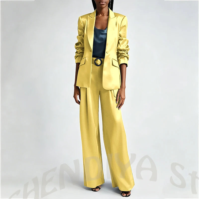 Women's Two Pieces Set Satin Peaked Lapel Elegant Fashion Single Button Straight Professional Tailor-Made Jacket with Pants