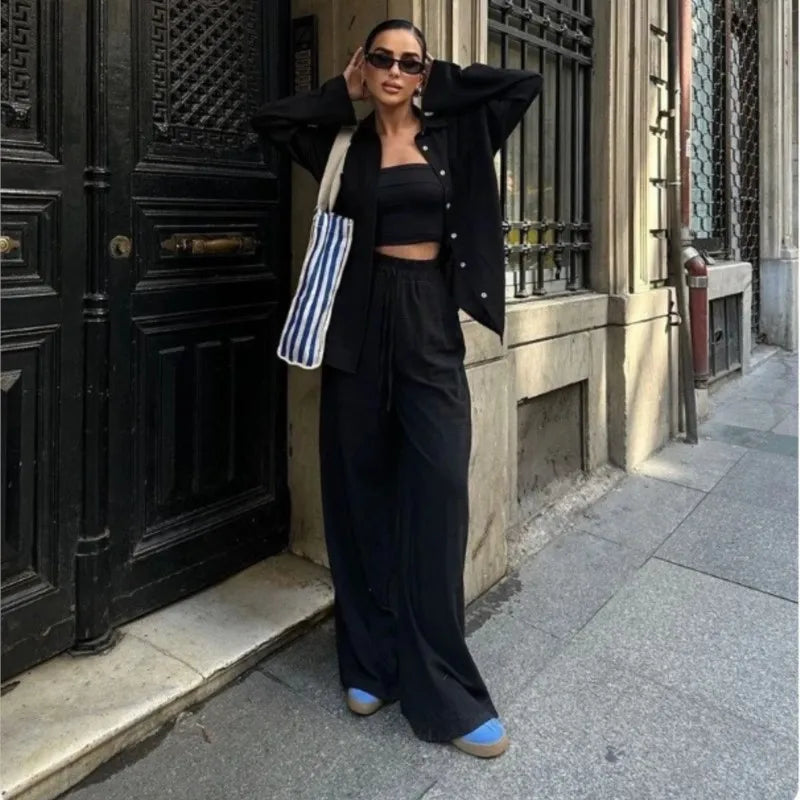 Loose Cotton Linen Shirt And Wide Leg Pants Set For Women