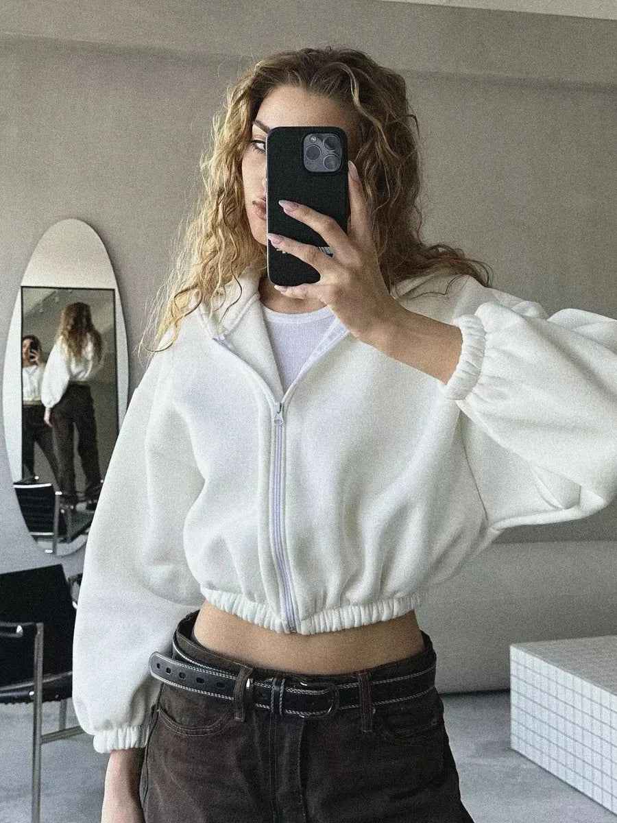 Cropped Zipper Hooded Sweatshirt Jacket With Long Sleeves for Women