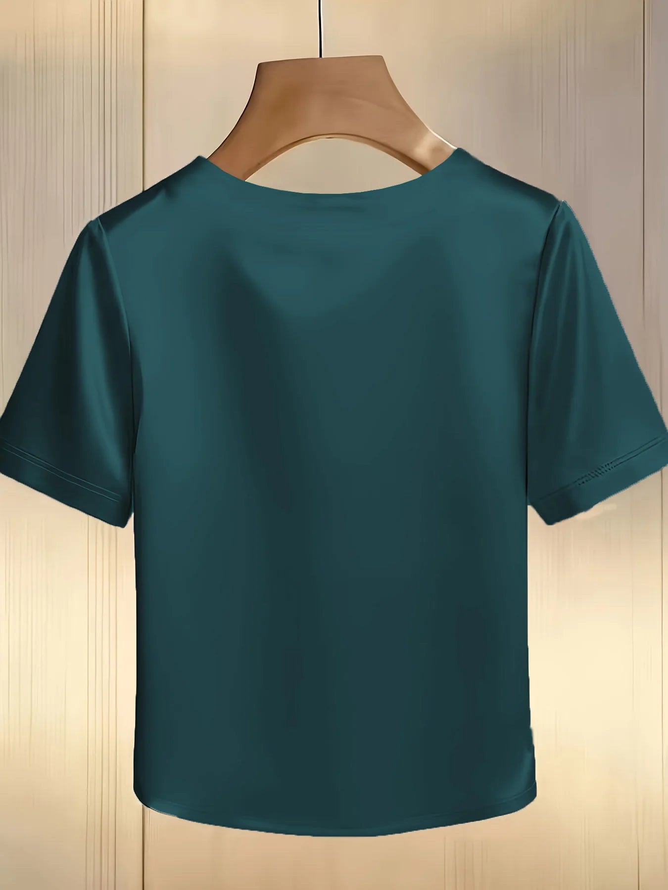Satin Round Neck Pearl Beaded Decor Short Sleeve Top for Women
