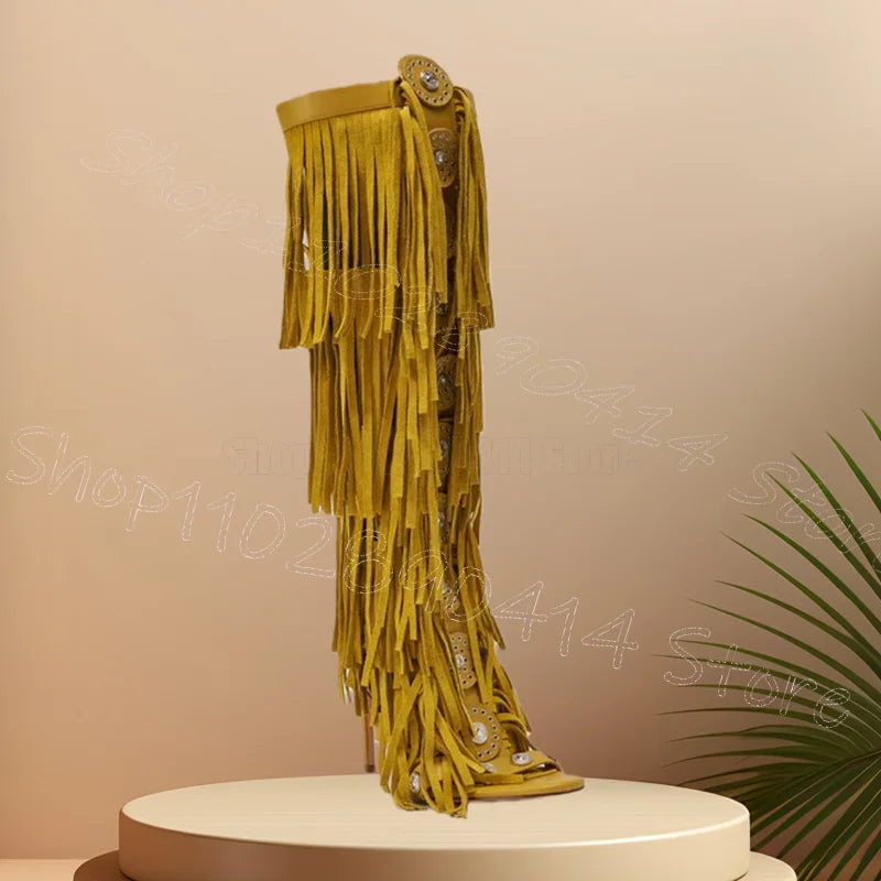 Yellow Tassels Metal Button Detail Open Toe Sandals With Back Zipper for Women