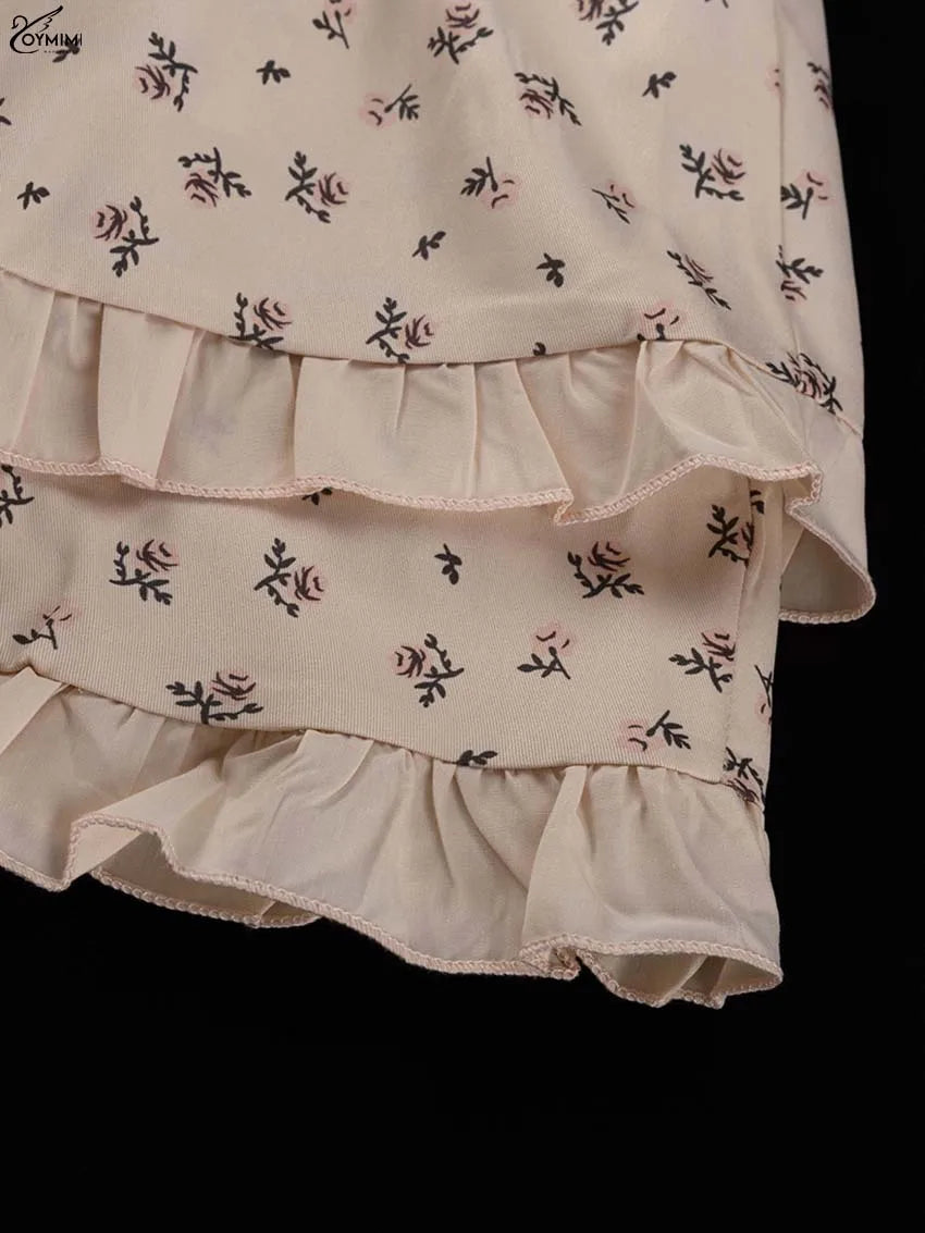 Oymimi Casual Apricot Print 2 Pieces Set For Woman Elegant Long Sleeve Button Ruffled Shirts And High Waist Side Slit Skirts Set