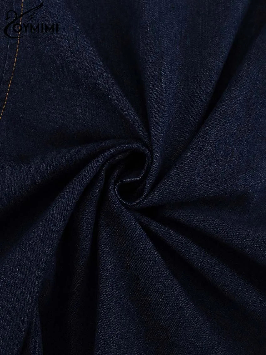 Oymimi Elegant Blue Denim Womens Dresses Fashion O-Neck Long Sleeve High Waisted Dresses Casual Button Mini Dress Streetwear