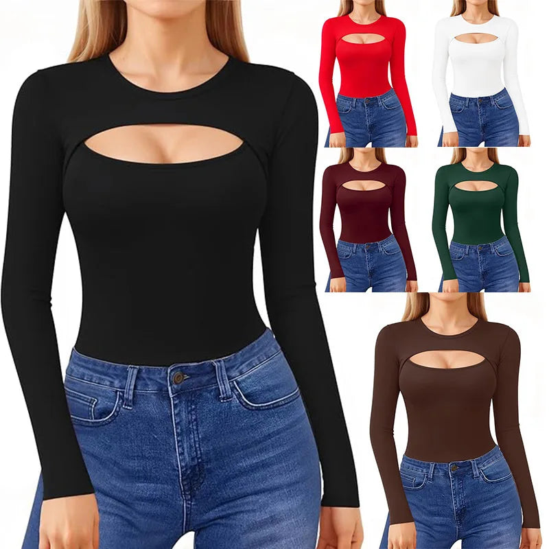 Seductive Tops Intricate Hollow Lacework T-Shirt Figure Hugging RoundNeck Blouse Classic Comfortable SolidColor Shirt