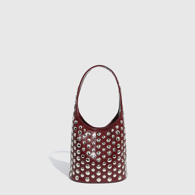 New Rivet Series Bucket Bag Motorcycle Texture Trendy Handbag Tortoise Shell Sequins Versatile Simple Fashion Soft Bag Lady Bag