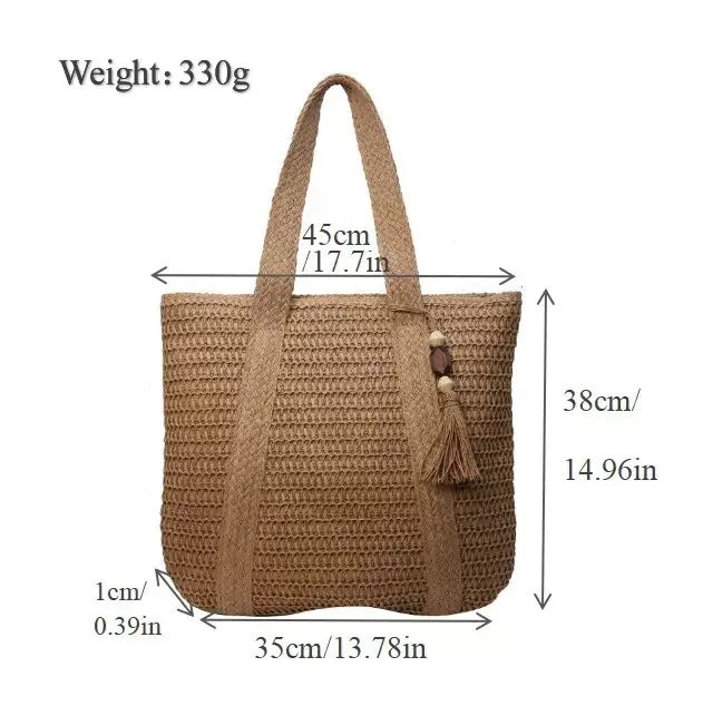 French style large capacity woven straw woven bag for women, new beach vacation shoulder bag, casual commuting tote bag