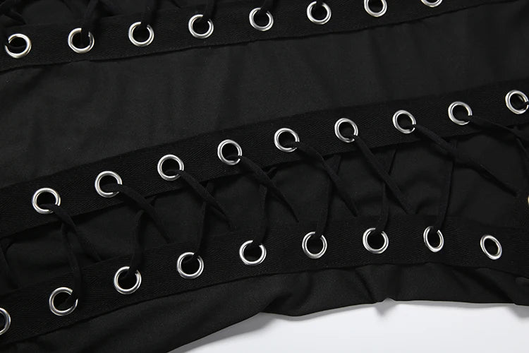 Sexy O-Neck Hollow Out Mini Dress with Metal Ring Cross Detailing for Women