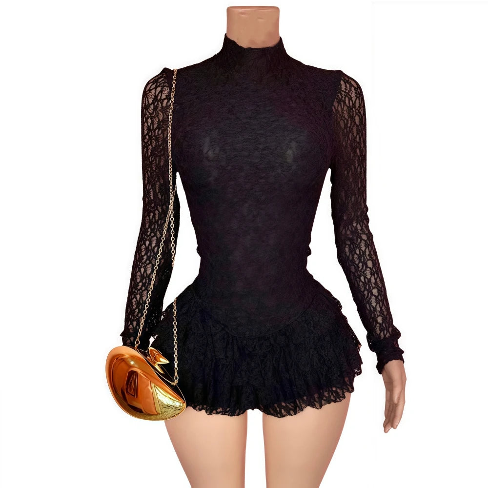 FAGADOER Sexy Lace Ruffle Patchwork Bodycon Romper Woman See Through Long Sleeves One Piece Jumpsuits Female Nightclub Overalls