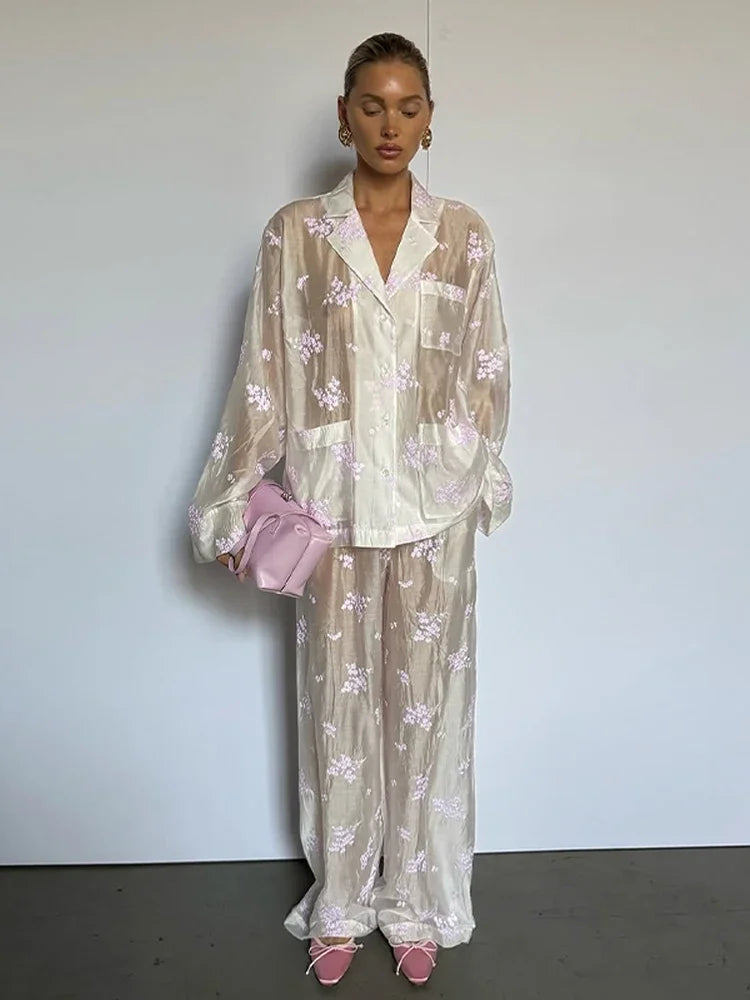 Sheer Casual Shirt and Wide Leg Pants Set for Women