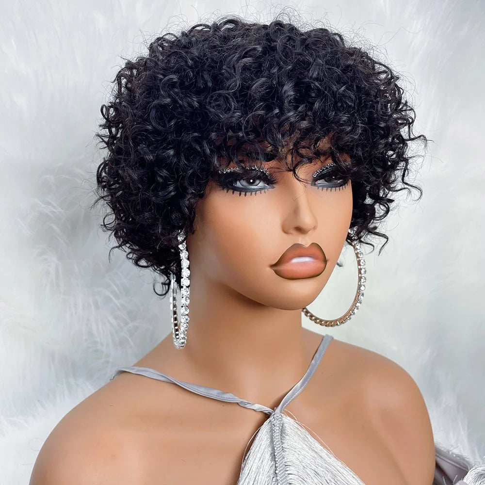 Short Curly Bob Human Hair Wig With Bangs for Women