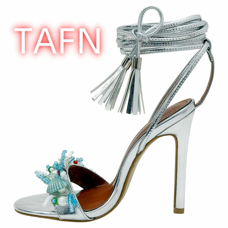Shell Embellished Starfish Tassels Lace Up Sandals for Women