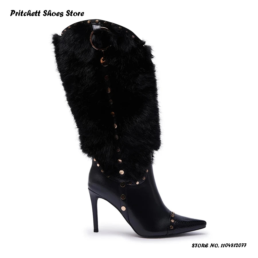 Studded Faux Fur Knee High Open Toe Stiletto Boots for Women