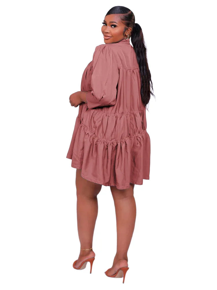 Wmstar Elegant Women Summer Solid Color Short Dress Fashion Long Sleeve High Neck High Waist Clothes Party Casual Mini Dresses