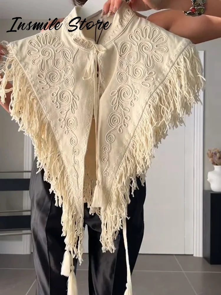 Soft Textured Embroidered Tassel Fringe Shawl For Women