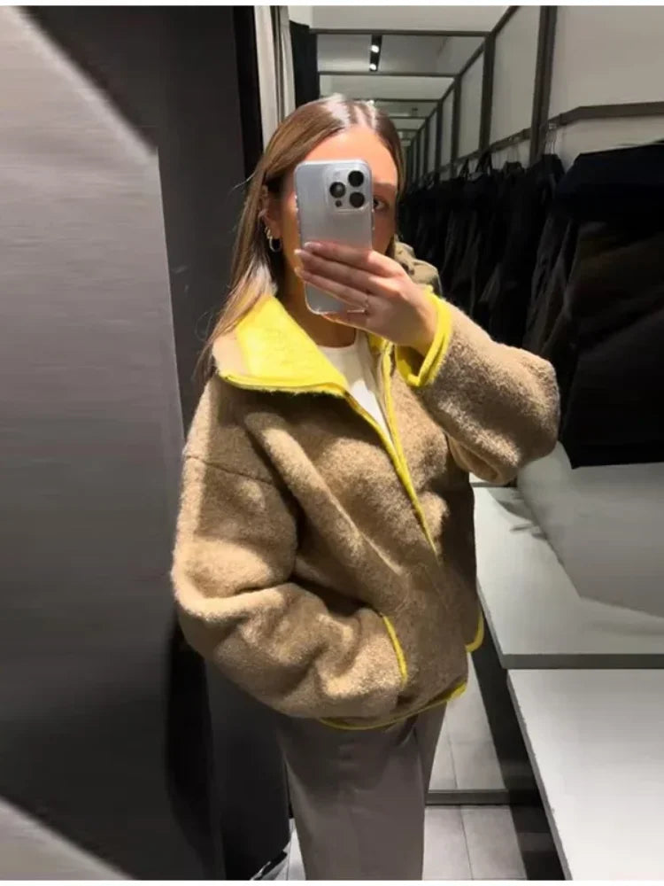 Fuzz Yellow Contrast Long Sleeve With Zipper Coat for Women
