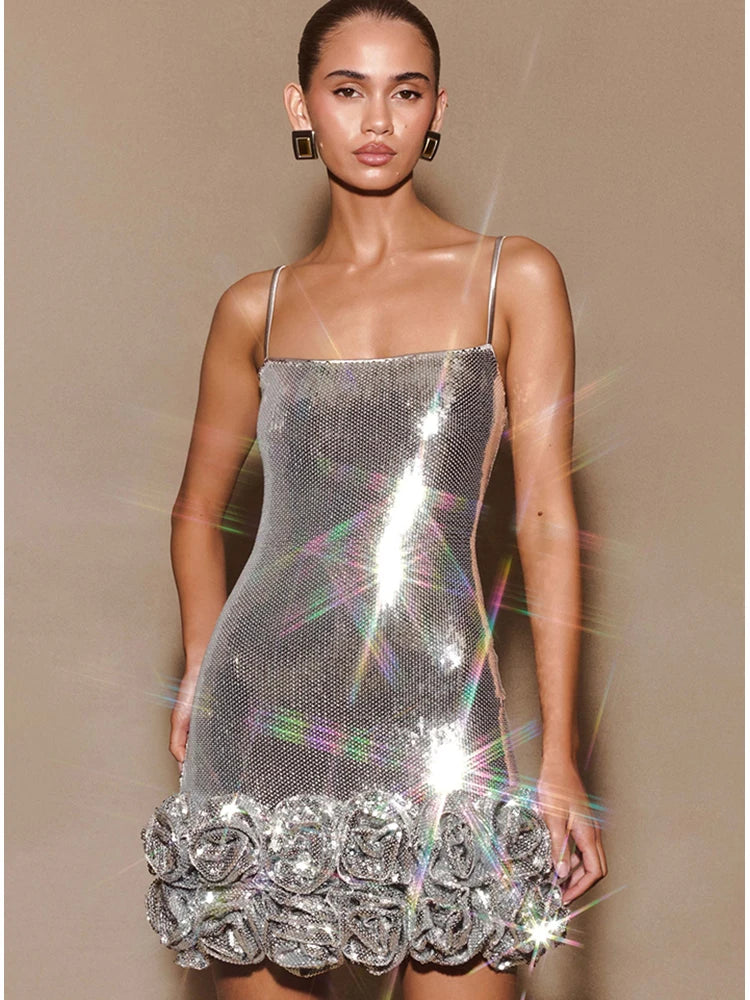 Glamorous Women's Silver Sequin Spaghetti Slip Mini Dress with Ruffled Hem Shiny Flower Party Night Club and Special Occasion