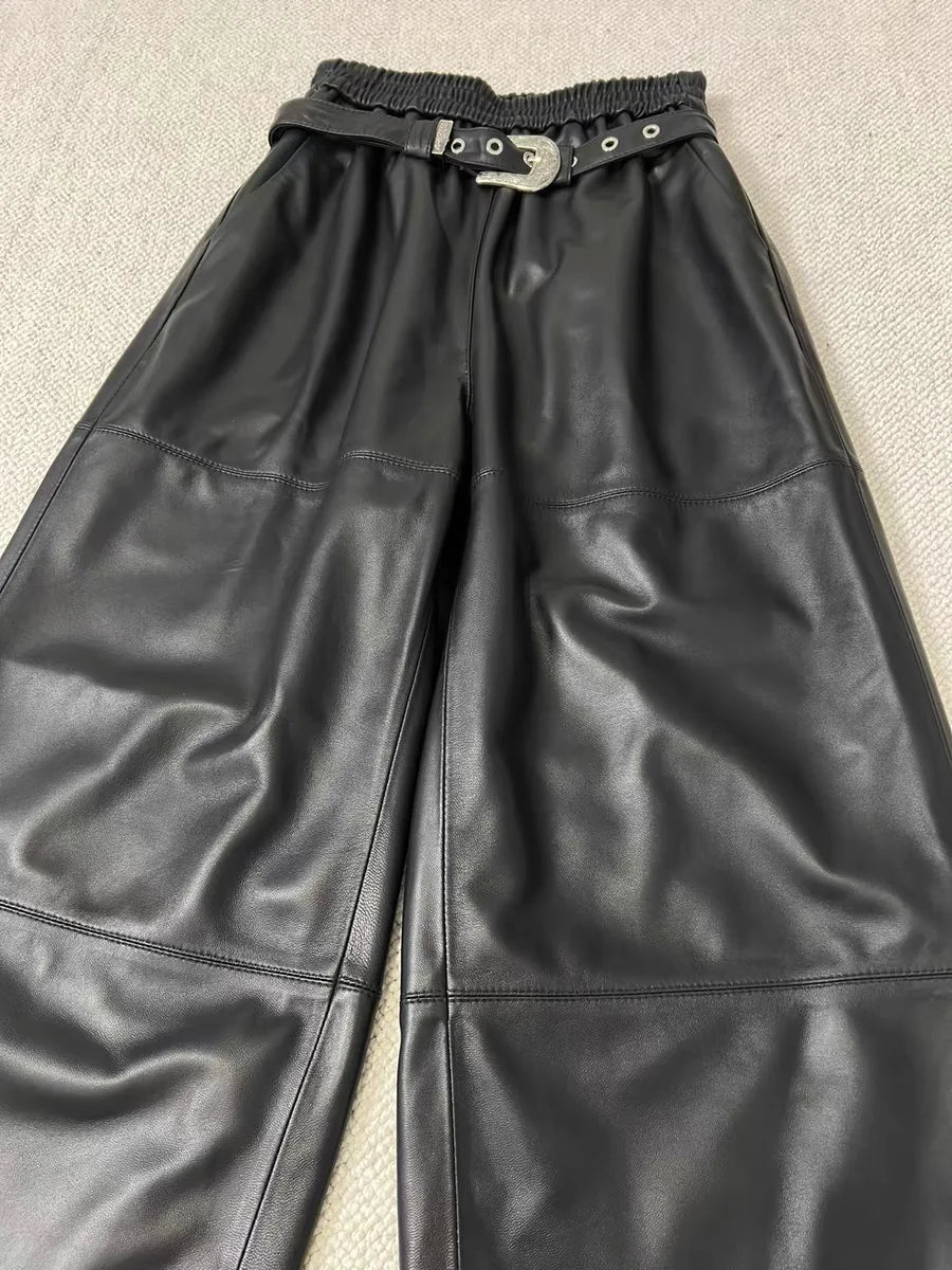 Y2K Cargo Pants Women High Waist Baggy Pants 2025 New Korean Fashion Wide Leg Genuine Leather Trousers Streetwear Loose Style