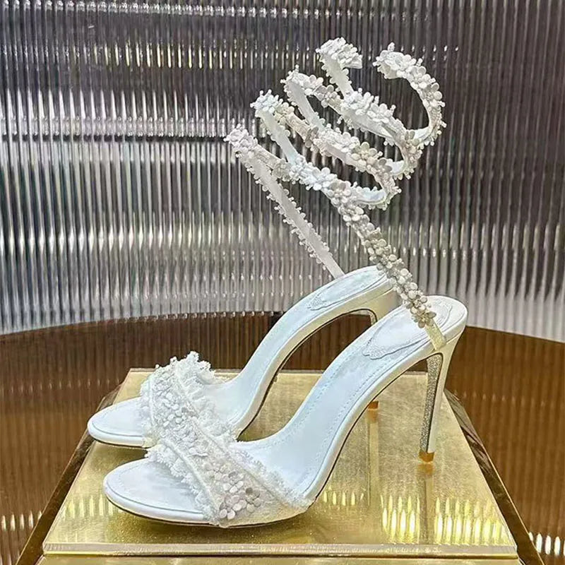 Elegant Floral Lace Strappy Stiletto Sandals for Women