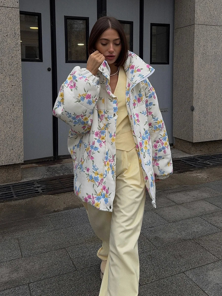 Floral Print Oversized Stand Collar Puffer Jacket For Women