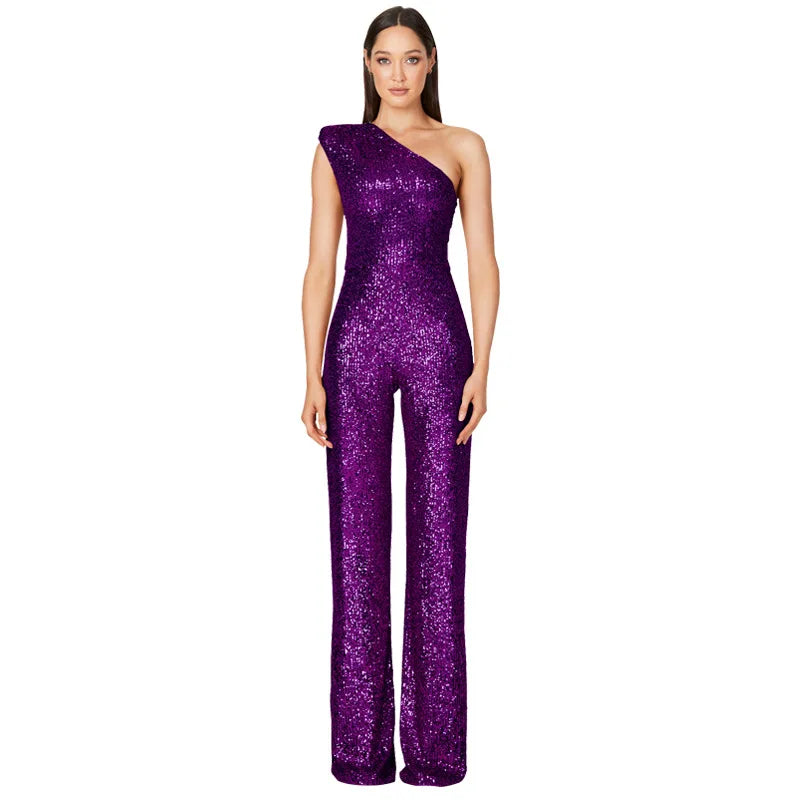 Sequined One Shoulder Wide Leg Jumpsuit