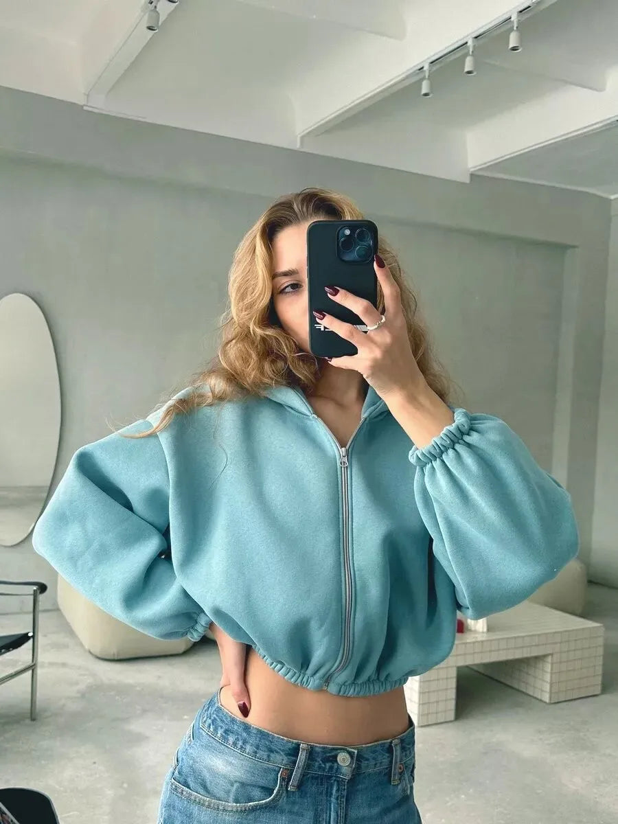 Cropped Zipper Hooded Sweatshirt Jacket With Long Sleeves for Women