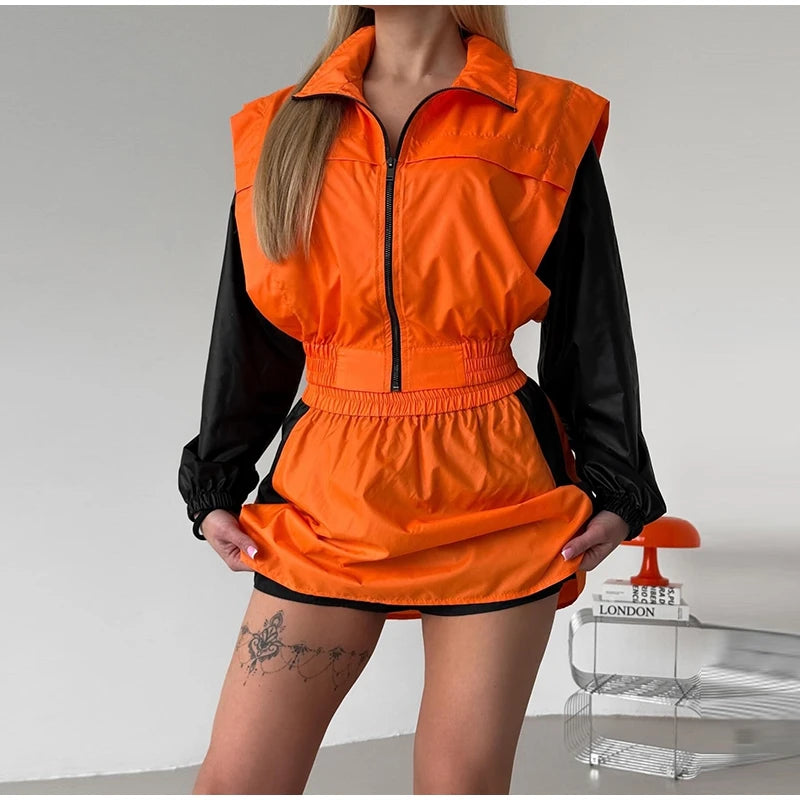 Casual Color Block Long Sleeve Jacket And Mini Skirt Set For Women