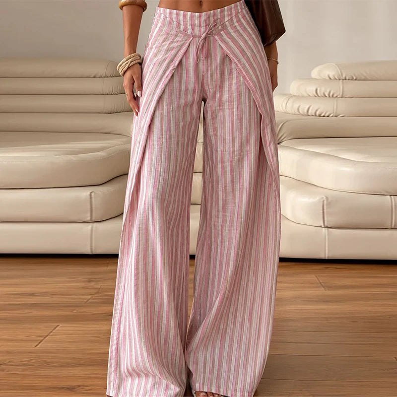 Pink And White Striped Wide Leg Pants With Sash Belt for Women