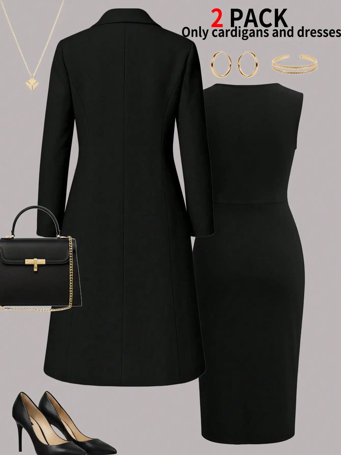 Women's New Autumn and Winter Elegant Set: Solid Color Long-Sleeved Open-Front Blouse, Long Coat + Versatile Fitting Mid-Length Sleeveless Buttoned Dress Two-Piece Set