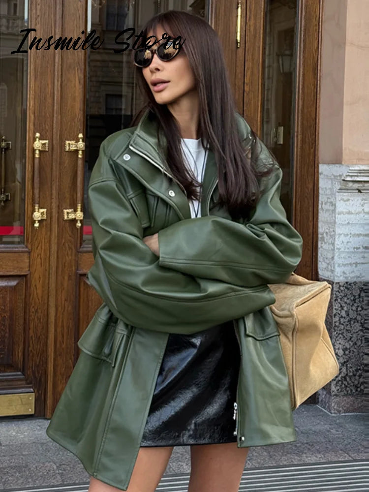 Vintage Cinched Waist Zipper Faux Leather Jacket for Women