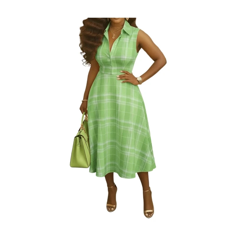 Women Lapel Collar Sleeveless Plaid Print Midi Dress For Shopping Mall Casual Daily And Weekend Vacation Occasion