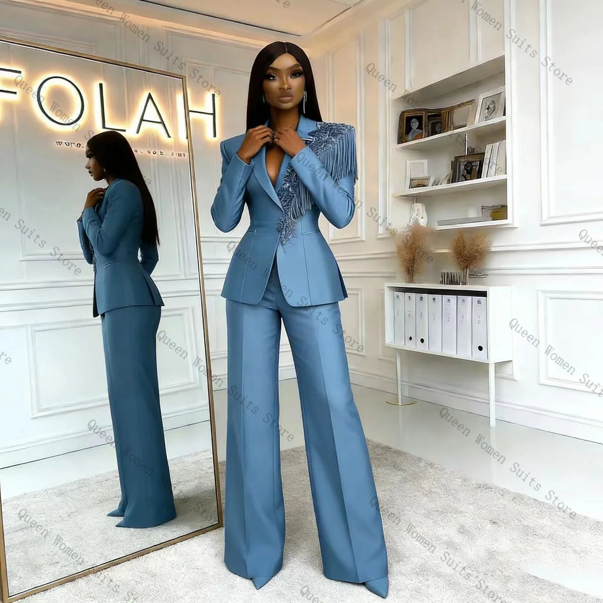 Classic Blue Two Piece Blazer And Trousers Set For Women