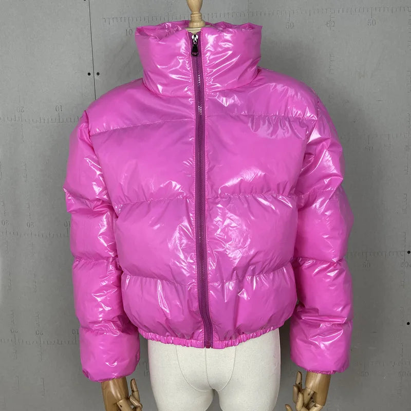 Shiny High Neck Cropped Winter Puffer Jacket for Women