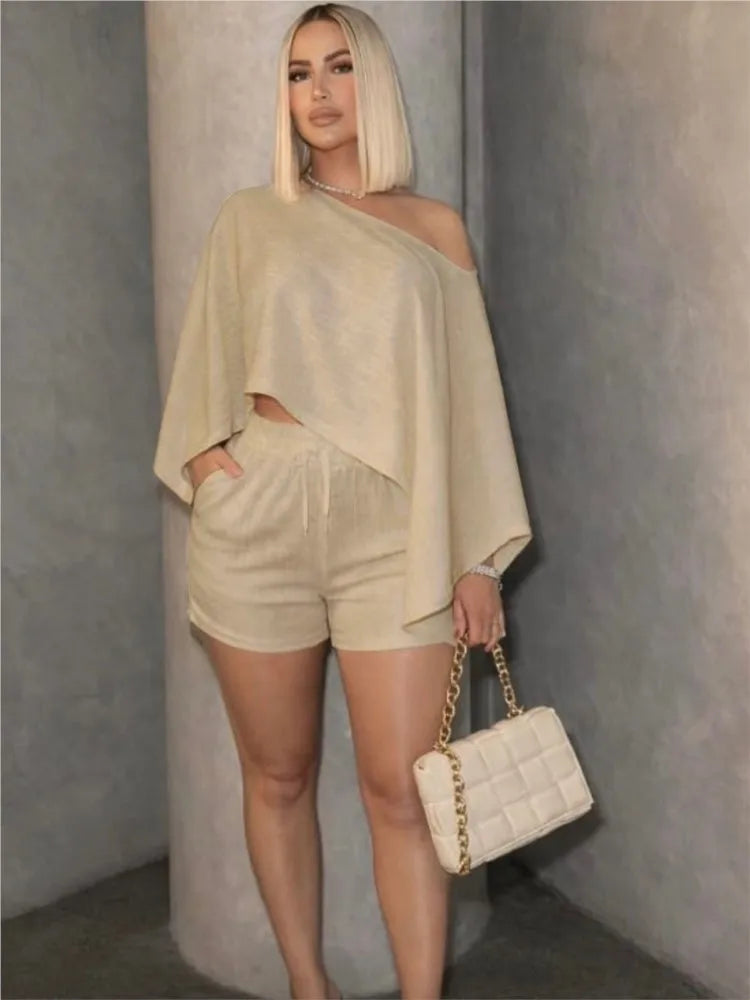 Off Shoulder Bat Sleeve Top Two Piece Set for Women
